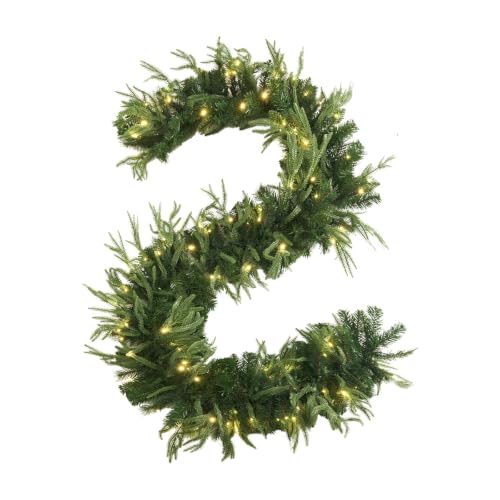 HiBean 9 FT Prelit Christmas Garland - Class Green with Warm Lights & Timer