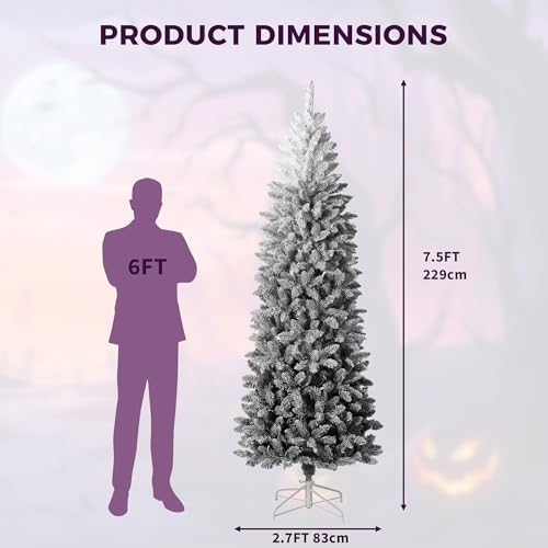 7.5Ft Slim Flocked Christmas Tree - White & Black Gradient Artificial Decor