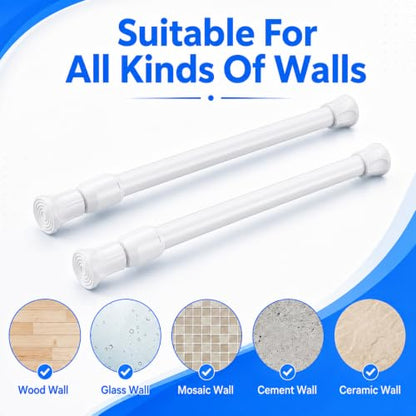 Mini Tension Curtain Rod 10-15 Inch White No-Drill Install for Windows & Closets