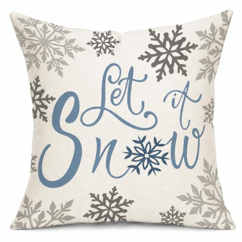 Let It Snow Pillow Cover 18x18 Winter Farmhouse Christmas Throw - Snowflakes Variation