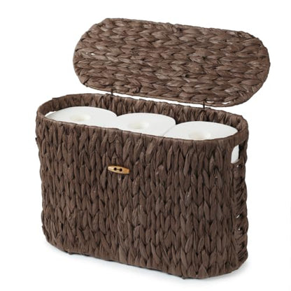 Brown Toilet Paper Storage Basket with Lid & Clear Window - Slim Bathroom Organizer for 6 Mega Rolls