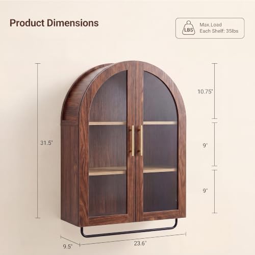 23.6-Inch Walnut Arched Bathroom Wall Cabinet with Towel Bar & Adjustable Shelf