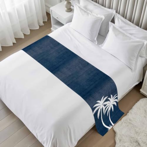 102x20 Inch Navy Blue Palm Tree Bed Runner for Cal King Bed - Tropical Coastal Decor