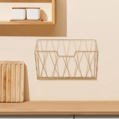 Wall Mounted Mail and Magazine Holder with Gold Finish - Space-Saving Iron Wire Organizer