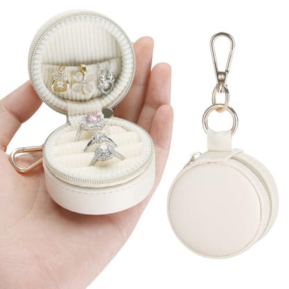 Mini Travel Jewelry Box with Keychain - 3 Ring Slots, Beige