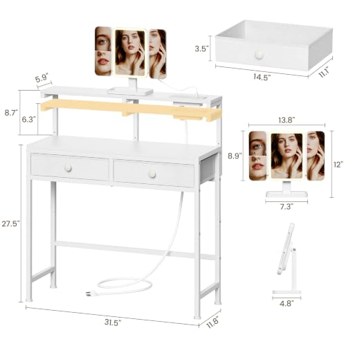 Small Vanity Desk with Rotating Mirror & Power Outlets – 2 Drawers, 31.5"