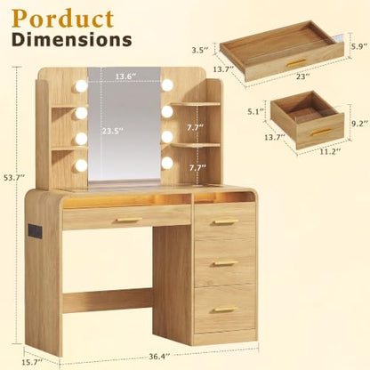 Vanity Desk with Mirror & Lights - 4 Drawers, Glass Top, RGB LEDs, Charging Station (Natural Oak) - 1 Set