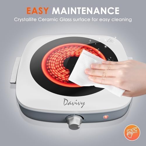 Davivy Single Burner Hot Plate - 1200W Infrared Cooker with Sturdy Handle | 7.9-Inch Ceramic Glass Cooktop, White
