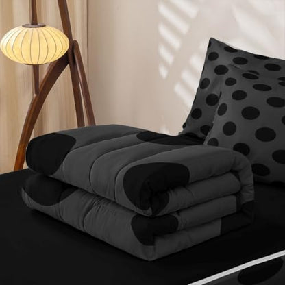 Kids Zipper Bedding Set Twin Size Black & Grey Polka Dots with Pillowcases