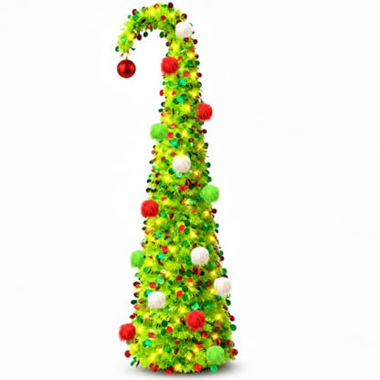 6 FT Green Whimsical Curved Pop Up Christmas Tree with Lights & Ornaments