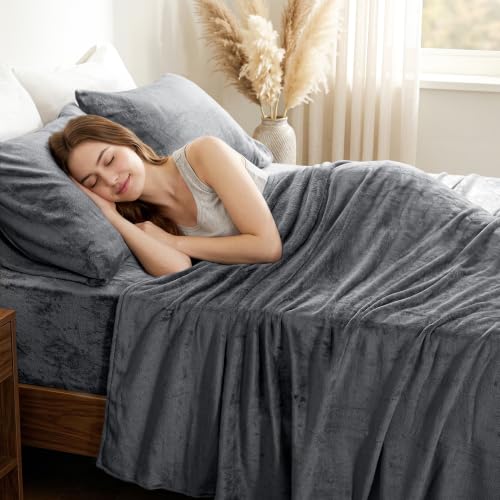 Love's Cabin Flannel Sheets Set Queen Grey 4 Pieces Deep Pocket