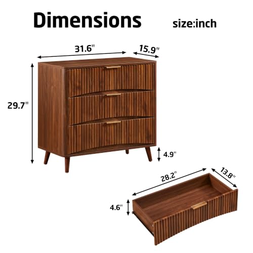 Oversized 31.5W Fluted Nightstand with 3 Drawers in Walnut
