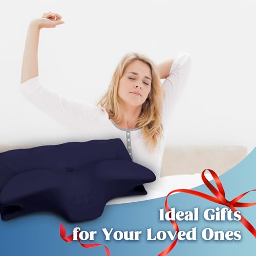 Cooling Memory Foam Neck Pillow with Support Armrests - Orthopedic Contour Bed Pillow for Side Back Stomach Sleepers, Navy