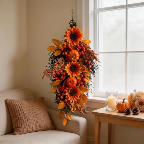 2 Pack Fall Harvest Teardrop Swags for Front Door - Autumn Decor