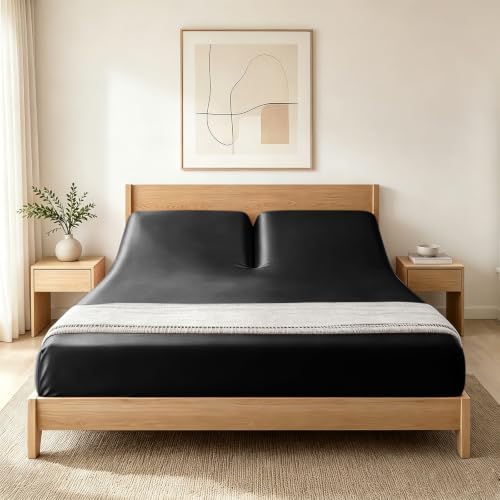Split Top King Fitted Sheet for Adjustable Beds - Black, Satin, 34 Inch Split