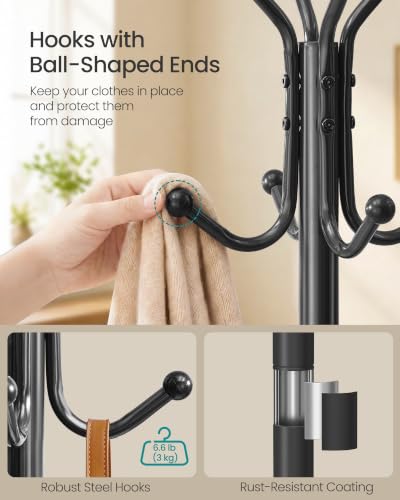 Black Freestanding Coat Rack with 16 Hooks and Marble Base - Steel Hall Tree