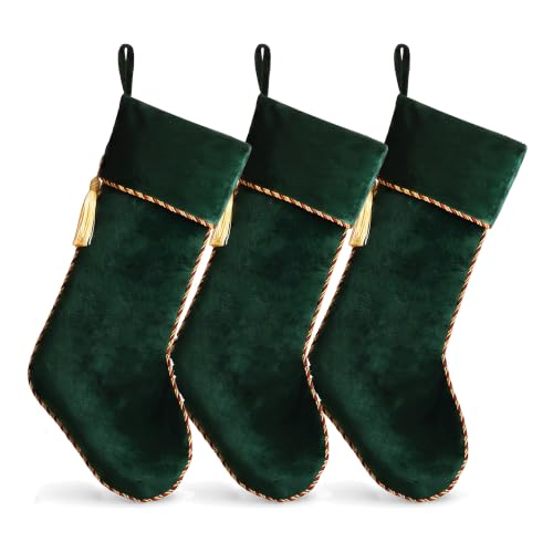 Green Velvet Christmas Stockings 3 Pack - 20 Inch Large Holiday Decor