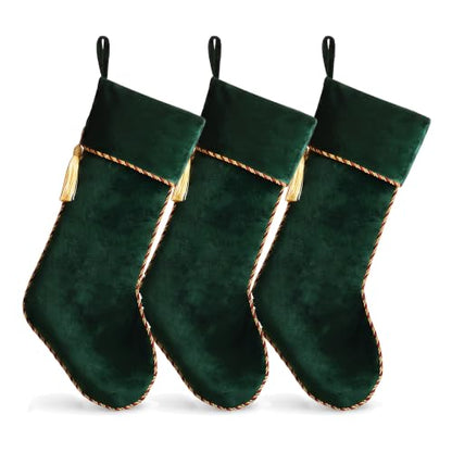 Green Velvet Christmas Stockings 3 Pack - 20 Inch Large Holiday Decor