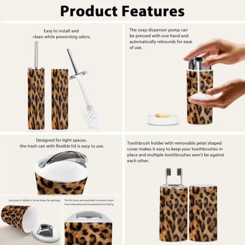 Bathroom Accessory Set 6PCS Leopard Cheetah Print Multi9 - Trash Can Soap Dispenser Toothbrush Holder