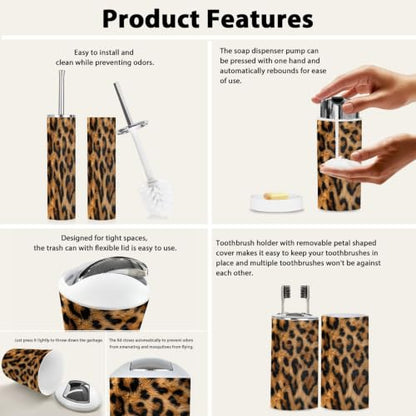Bathroom Accessory Set 6PCS Leopard Cheetah Print Multi9 - Trash Can Soap Dispenser Toothbrush Holder