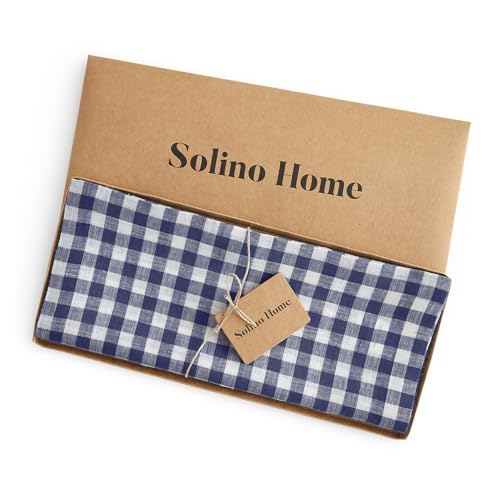 Navy Gingham Check Linen Table Runner - 14 x 60 Inches - Solino Home