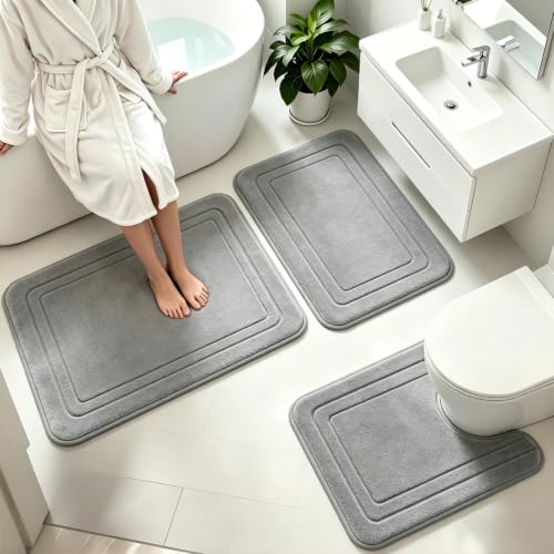 3 Piece Memory Foam Bathroom Rug Set - Ultra Soft Non Slip Quick Dry Bath Mats
