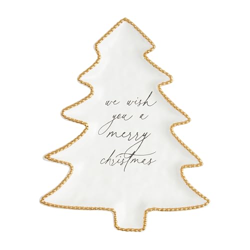Christmas Tree Serving Platter - White Dolomite with Gold Beaded Rim