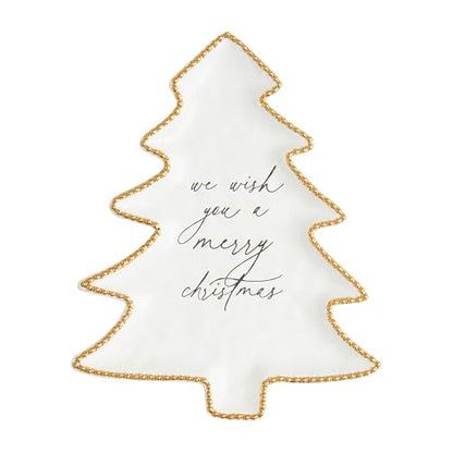 Christmas Tree Serving Platter - White Dolomite with Gold Beaded Rim