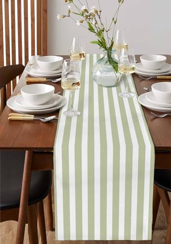 Sage Green Striped Cotton Linen Table Runner 13x72 Inch - Modern Farmhouse Decor