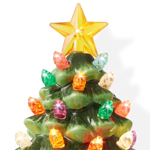 Ceramic Christmas Tree Night Light - Green 6 Inch with Bulbs & Star Topper - Plug-In Holiday Decor