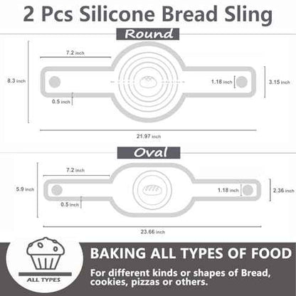2Pcs Silicone Bread Sling Oval And Round For Dutch Oven, Non-Stick Easy-Clean Reusable Silicone Baking Mat With Long Handles Sourdough Bread Baking Mat Tools Supplier Liner, Gray