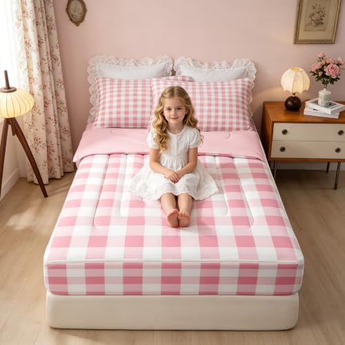 Kids Comforter Set Twin Size Pink Checkered Geometric Grid Bedding Set with Zipper