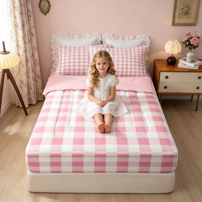 Kids Comforter Set Twin Size Pink Checkered Geometric Grid Bedding Set with Zipper
