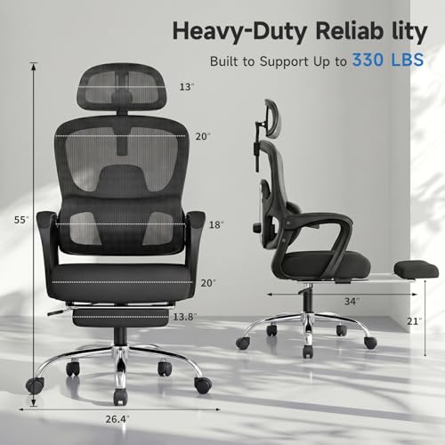 Ergonomic Office Chair with Footrest & Mesh Back, Reclines 90-145°, Black Silver