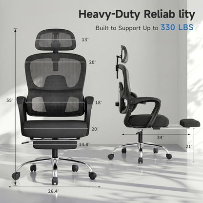 Ergonomic Office Chair with Footrest & Mesh Back, Reclines 90-145°, Black Silver