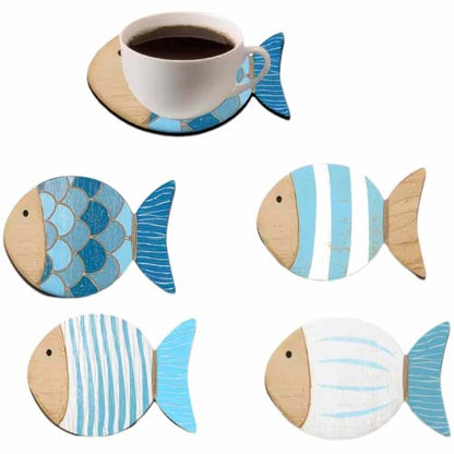 Wooden Fish Coasters Set of 4 Dual-Use Wall & Table Decor Ocean Pattern