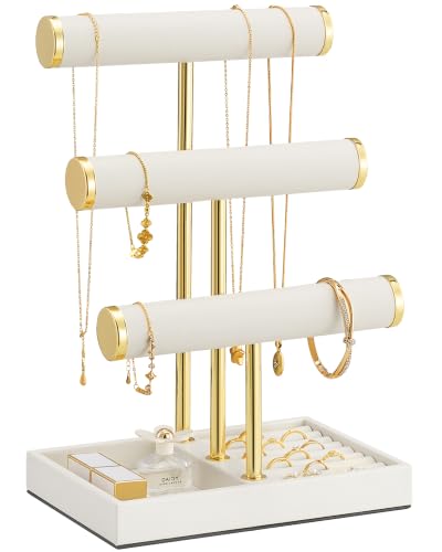 Beige 3-Tier Necklace Holder Organizer - PU Jewelry Display Stand