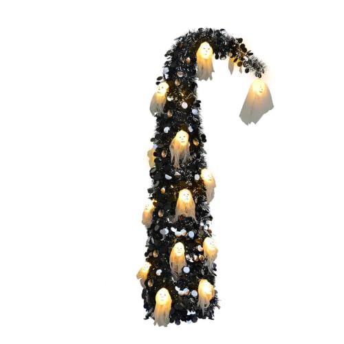 Black Halloween Tree with Ghost Skull Lights - 5ft Pop Up Tinsel Tree - Variation: Ghost Skull
