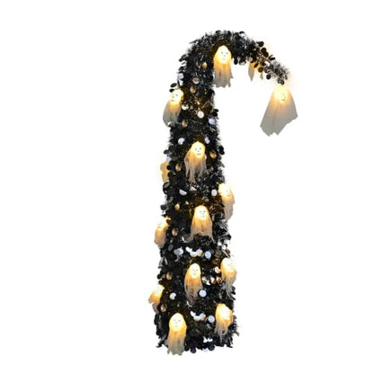 Black Halloween Tree with Ghost Skull Lights - 5ft Pop Up Tinsel Tree - Variation: Ghost Skull