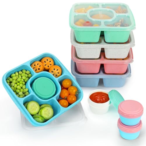 FANCILLA 5 Pack Bento Snack Boxes with 5 Compartments & 4 Leakproof Sauce Containers - Reusable Lunchable Snack Containers, Divided Stackable for School, Work, and Travel (Classic)