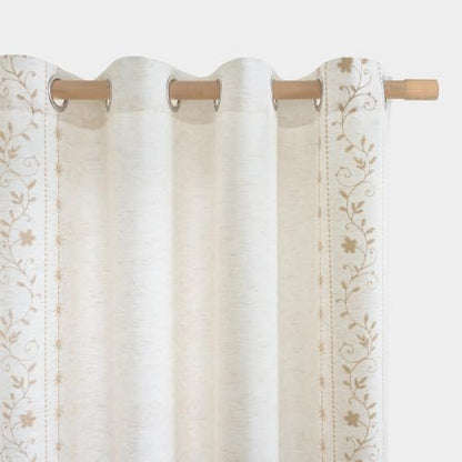 BGment Boho Floral Border Linen Curtains for Living Room, 2 Panels, Beige, 52"W x 84"L
