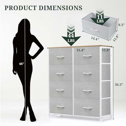 8-Drawer Dresser for Bedroom, Anti-Tip Tall Storage Organizer Chest of Drawers with Wooden Top and Metal Frame Fabric Bins for Closet, Living Room, Hallway, Entryway, Light Gray