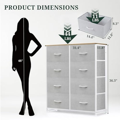 8-Drawer Dresser for Bedroom, Anti-Tip Tall Storage Organizer Chest of Drawers with Wooden Top and Metal Frame Fabric Bins for Closet, Living Room, Hallway, Entryway, Light Gray
