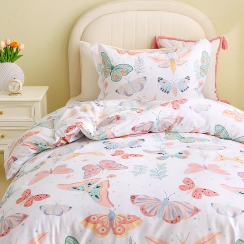 Kids Duvet Cover Set Twin White Butterfly Playful & Soft Bedding