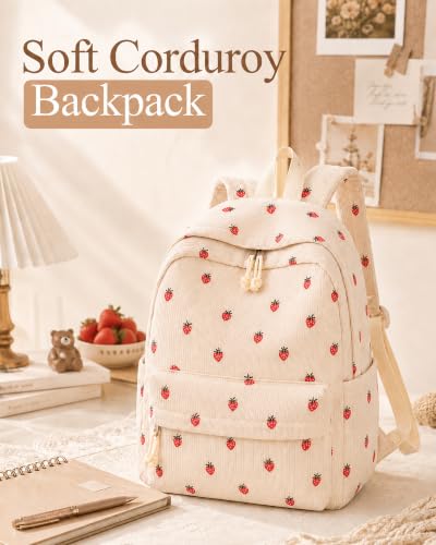 Girls Corduroy Strawberry Backpack for School & Travel - Beige