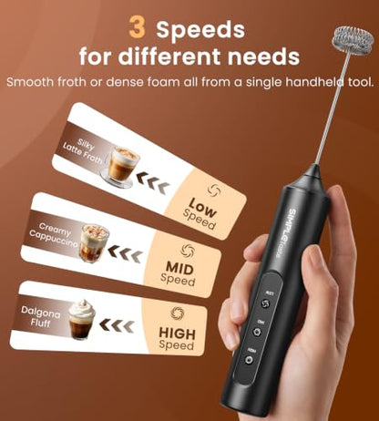 SIMPLETASTE Rechargeable Handheld Milk Frother Wand with Stand - Shadow Black