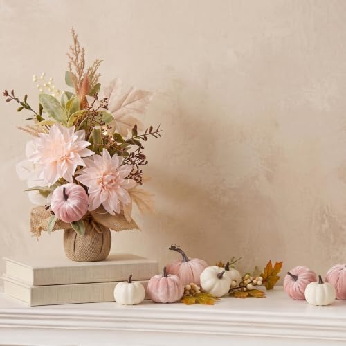 Artificial Fall Thanksgiving Centerpiece with White Dahlia & Pumpkin - Rustic Farmhouse Decor