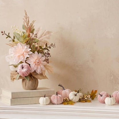 Artificial Fall Thanksgiving Centerpiece with White Dahlia & Pumpkin - Rustic Farmhouse Decor