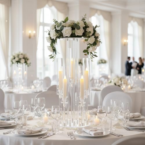 Clear Acrylic Candelabra Centerpiece with Flower Stand - 23.6 Inch, 2-in-1 LED Candle Holder