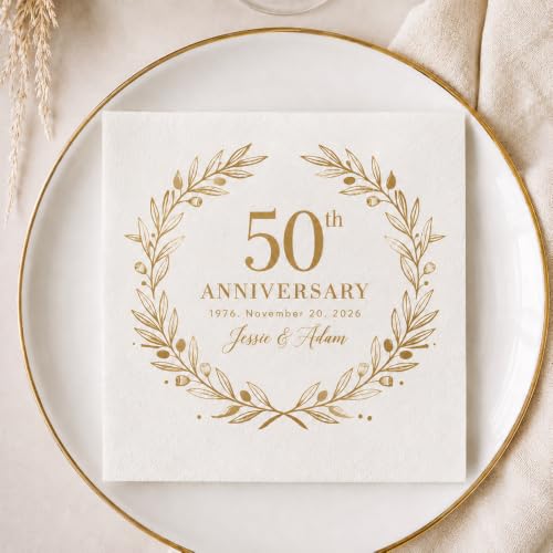 Personalized 50th Anniversary Napkins with Names and Date - Style 1 - Golden Wedding Party Decor